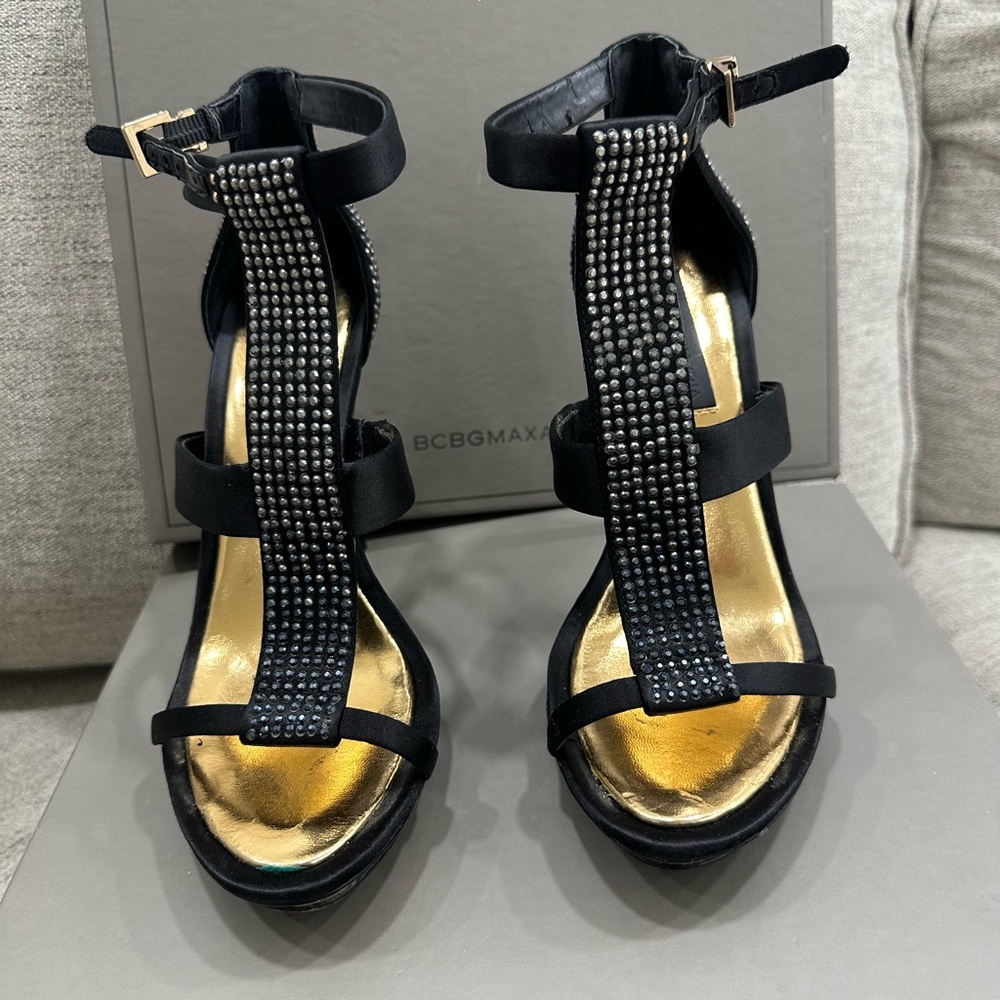 BCBG Maxazria black satin gem heels size 7.5